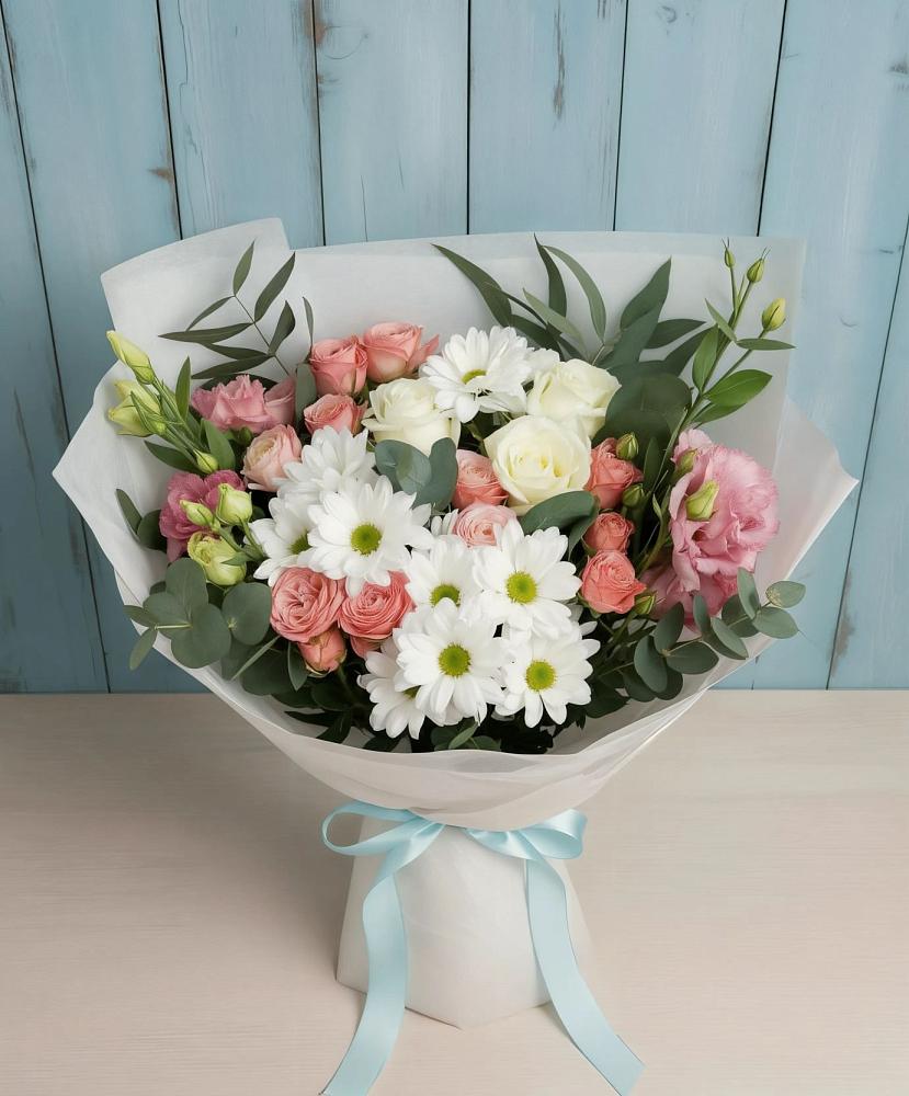 Букет цветов из: Розы, Лизиантусы и Хризантемы в Татариново