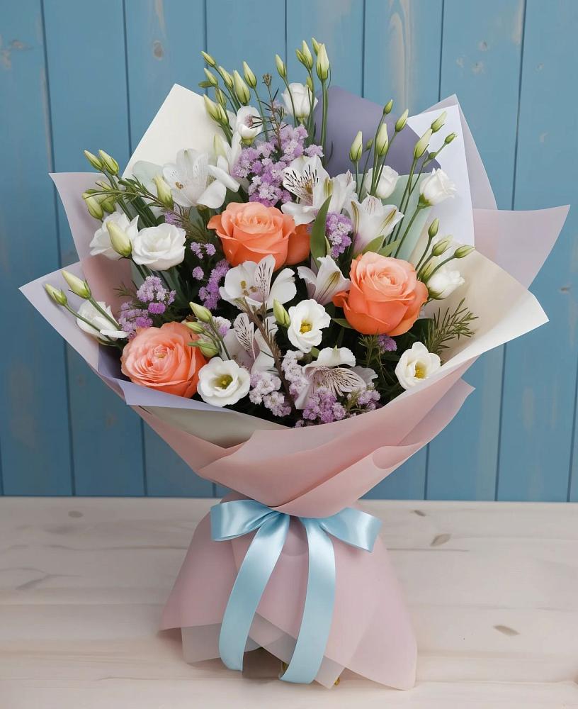 Букет цветов из: Лизиантусы, Розы, Альстромерии и Гипсофила в Татариново
